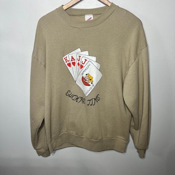 Jerzees Tops - VTG 90s Y2K Jerzees Euchre Time Graphic Sweatshirt Tan Knit Comfy Unisex L